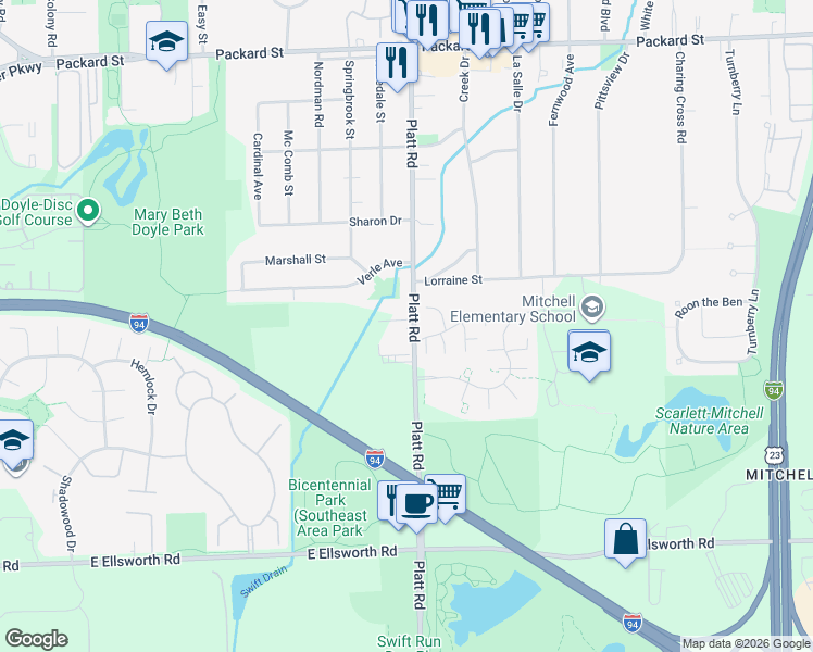 map of restaurants, bars, coffee shops, grocery stores, and more near 3570 Platt Road in Ann Arbor