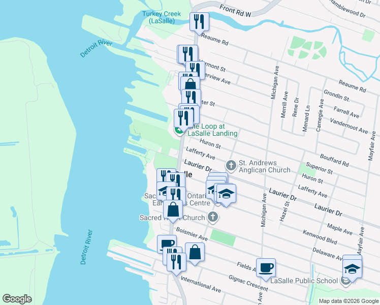 map of restaurants, bars, coffee shops, grocery stores, and more near 108 Lafferty Avenue in Windsor