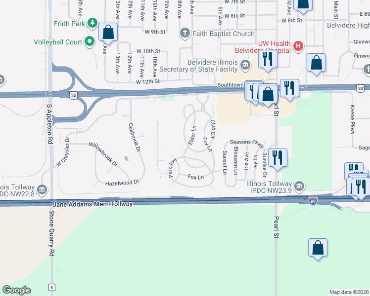 map of restaurants, bars, coffee shops, grocery stores, and more near 436 Club Circle in Belvidere