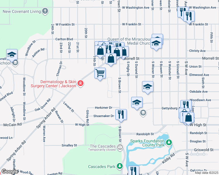 map of restaurants, bars, coffee shops, grocery stores, and more near 1024 South Brown Street in Jackson