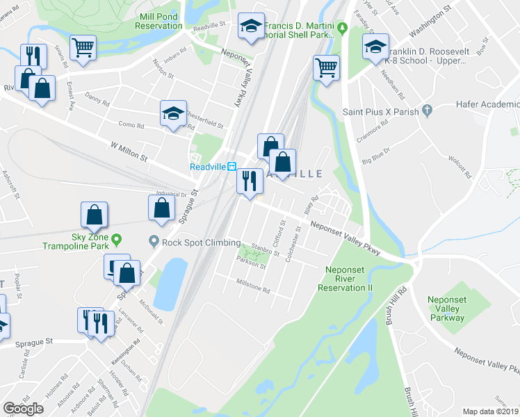 map of restaurants, bars, coffee shops, grocery stores, and more near 201 Neponset Valley Parkway in Boston