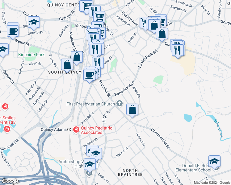map of restaurants, bars, coffee shops, grocery stores, and more near 209 Kendrick Avenue in Quincy