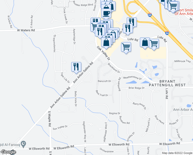 map of restaurants, bars, coffee shops, grocery stores, and more near 3454 Bent Trail Drive in Ann Arbor