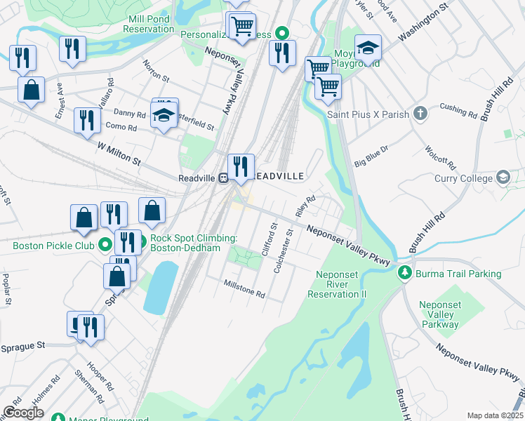 map of restaurants, bars, coffee shops, grocery stores, and more near 209 Neponset Valley Parkway in Boston