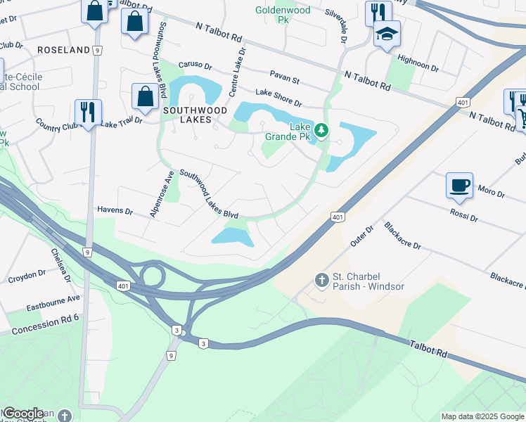 map of restaurants, bars, coffee shops, grocery stores, and more near 4880 Southwood Lakes Boulevard in Windsor