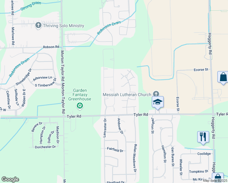 map of restaurants, bars, coffee shops, grocery stores, and more near 8847 Hardwood Drive in Van Buren Charter Township