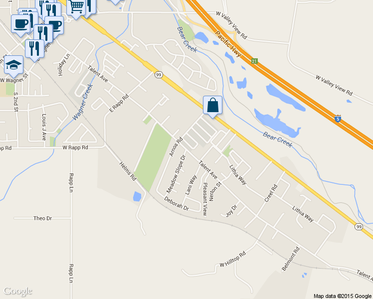 map of restaurants, bars, coffee shops, grocery stores, and more near Talent Ave & Meadow Slope Dr in Talent