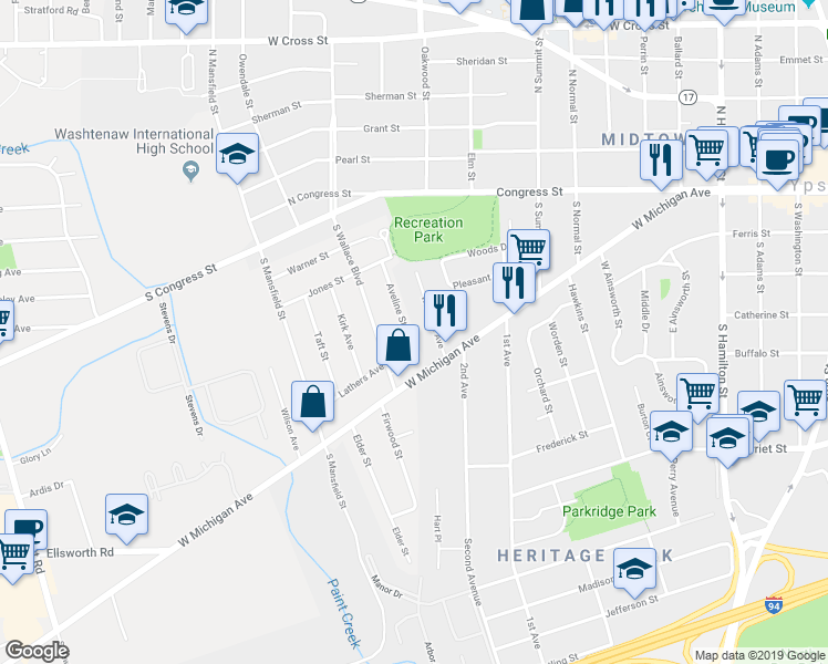 map of restaurants, bars, coffee shops, grocery stores, and more near 327 Aveline Street in Ypsilanti