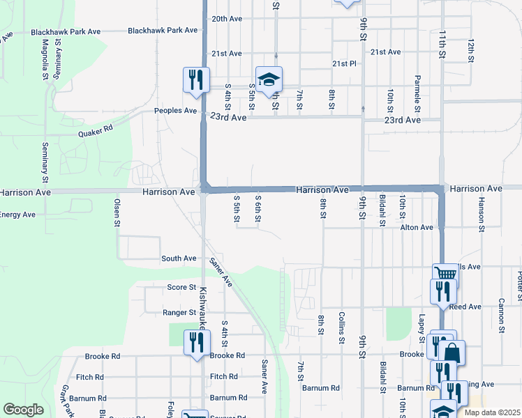 map of restaurants, bars, coffee shops, grocery stores, and more near 2612 South 6th Street in Rockford
