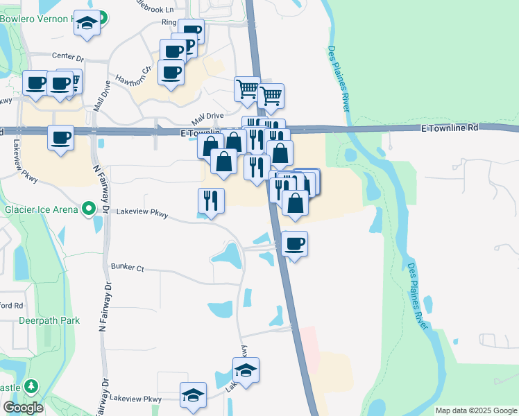 map of restaurants, bars, coffee shops, grocery stores, and more near 554 Lakeview Parkway in Vernon Hills