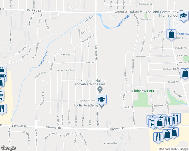 map of restaurants, bars, coffee shops, grocery stores, and more near 3544 Golfside Road in Ypsilanti