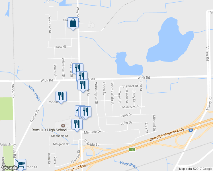 map of restaurants, bars, coffee shops, grocery stores, and more near 9243 Essex Street in Romulus