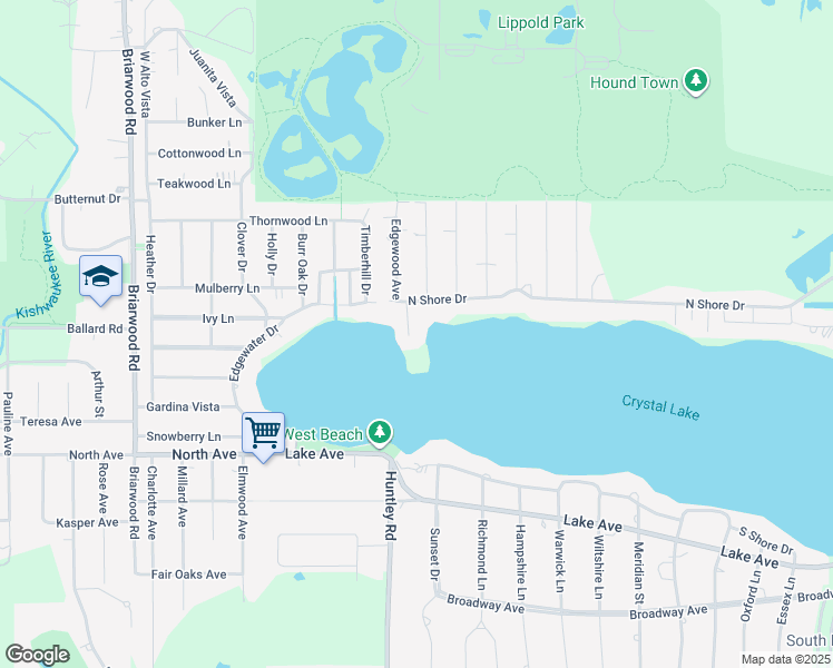 map of restaurants, bars, coffee shops, grocery stores, and more near 1141 North Shore Drive in Crystal Lake