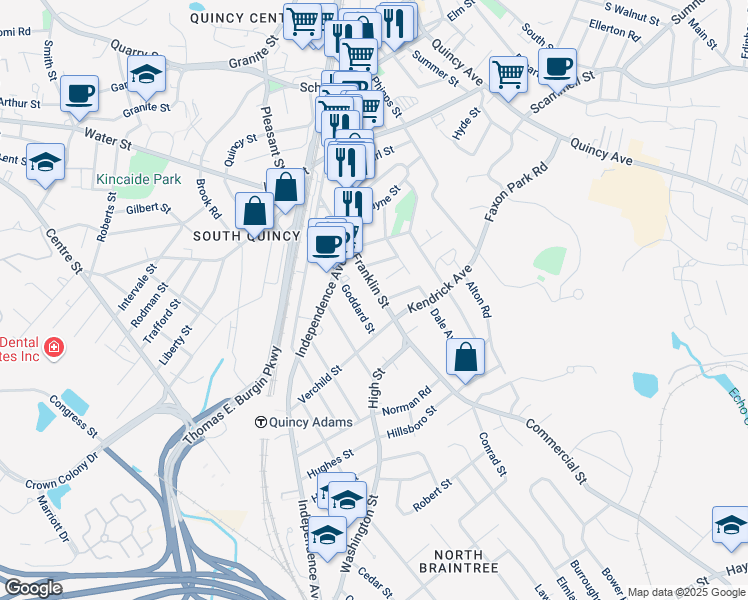 map of restaurants, bars, coffee shops, grocery stores, and more near 211 Franklin Street in Quincy