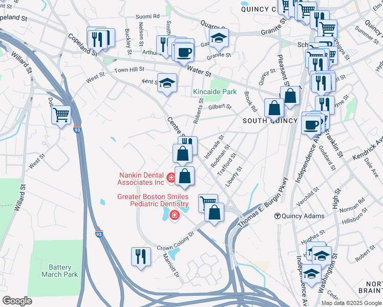 map of restaurants, bars, coffee shops, grocery stores, and more near 263 Centre St in Quincy