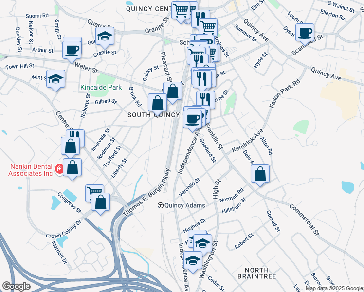 map of restaurants, bars, coffee shops, grocery stores, and more near 98 Federal Avenue in Quincy