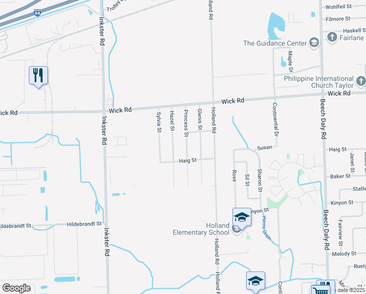 map of restaurants, bars, coffee shops, grocery stores, and more near 9468 Princess Street in Taylor