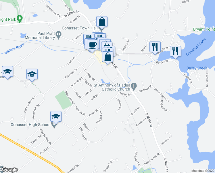 map of restaurants, bars, coffee shops, grocery stores, and more near 89 Cushing Road in Cohasset