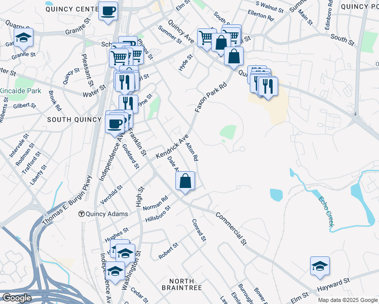 map of restaurants, bars, coffee shops, grocery stores, and more near 21 Alton Road in Quincy