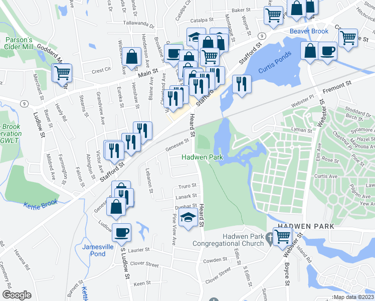 map of restaurants, bars, coffee shops, grocery stores, and more near 70 Heard Street in Worcester