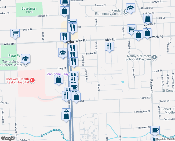 map of restaurants, bars, coffee shops, grocery stores, and more near 9603 Cornell Street in Taylor