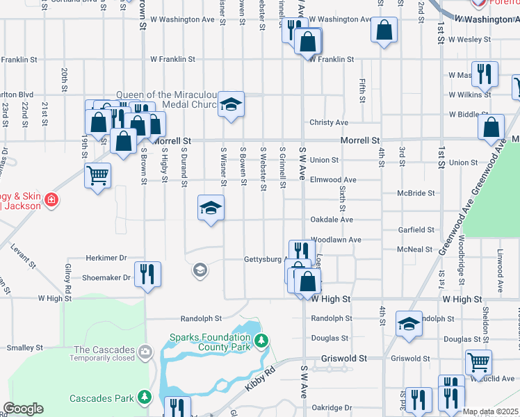 map of restaurants, bars, coffee shops, grocery stores, and more near 1032 S Webster St in Jackson