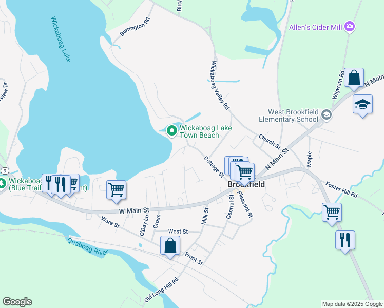 map of restaurants, bars, coffee shops, grocery stores, and more near 50 Cottage Street in West Brookfield