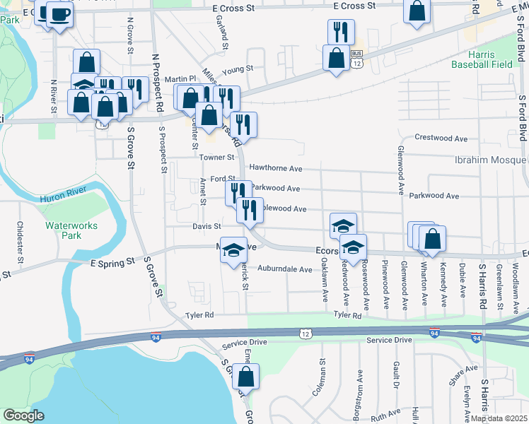map of restaurants, bars, coffee shops, grocery stores, and more near 854 Maplewood Avenue in Ypsilanti