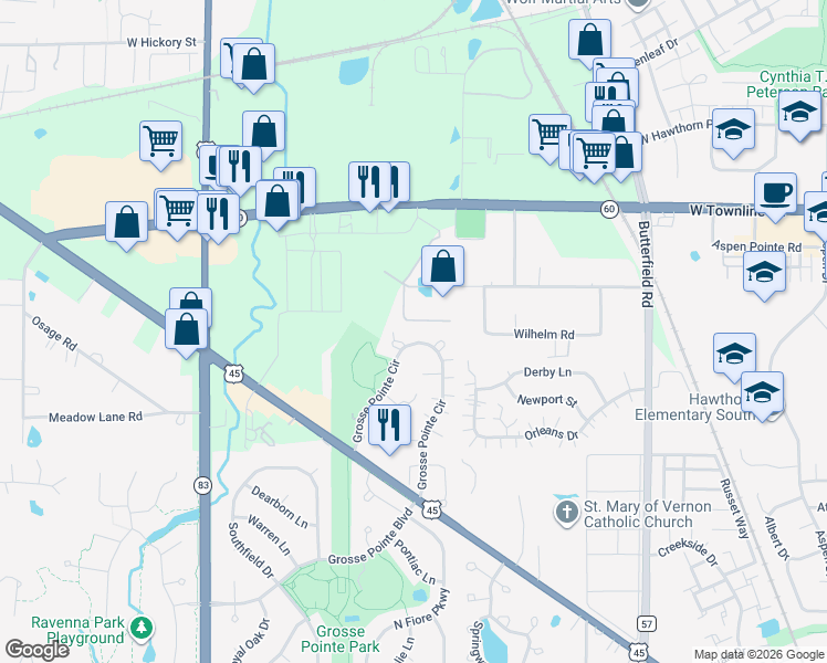 map of restaurants, bars, coffee shops, grocery stores, and more near 632 Grosse Pointe Circle in Vernon Hills
