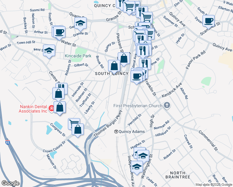 map of restaurants, bars, coffee shops, grocery stores, and more near 106 East Penn Street in Quincy