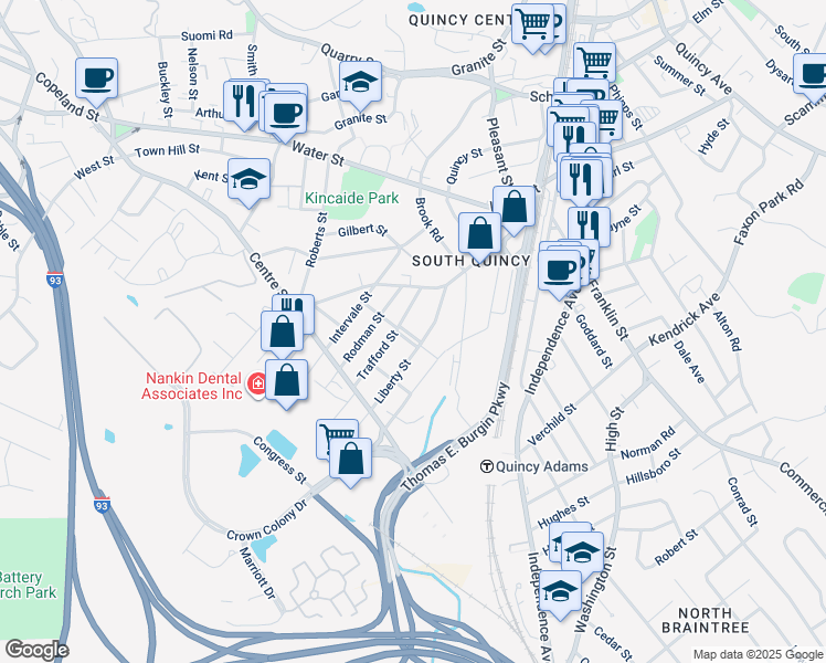 map of restaurants, bars, coffee shops, grocery stores, and more near 60 Taber Street in Quincy