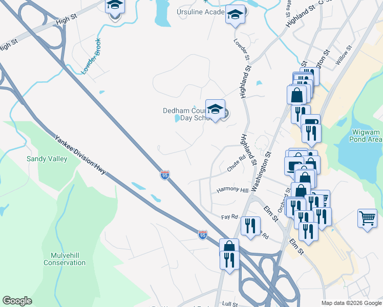 map of restaurants, bars, coffee shops, grocery stores, and more near 8 Karen Pines Street in Dedham