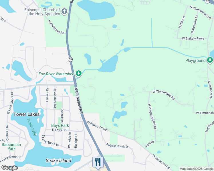 map of restaurants, bars, coffee shops, grocery stores, and more near 25676 Canyon Creek Court in Barrington
