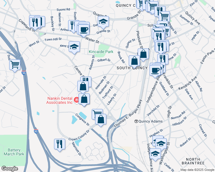 map of restaurants, bars, coffee shops, grocery stores, and more near 42 Rodman Street in Quincy