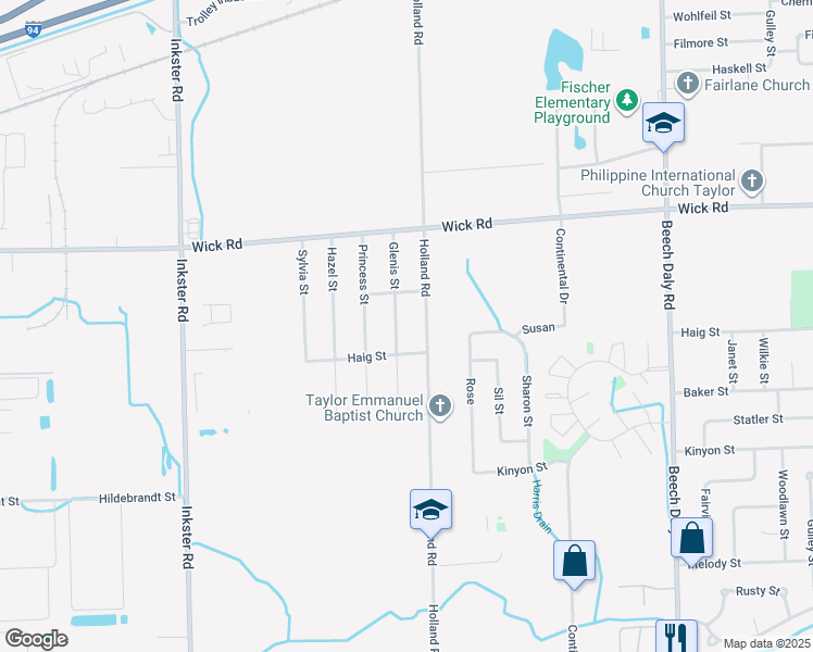 map of restaurants, bars, coffee shops, grocery stores, and more near 9457 Glenis Street in Taylor