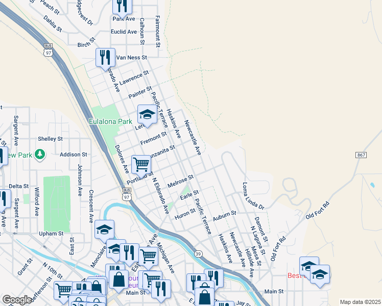 map of restaurants, bars, coffee shops, grocery stores, and more near 2035 Portland Street in Klamath Falls