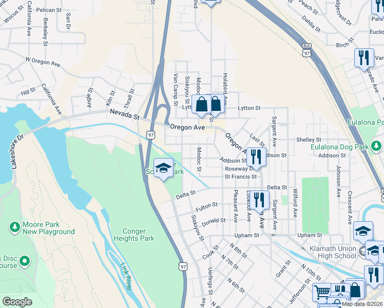 map of restaurants, bars, coffee shops, grocery stores, and more near 405 Addison Street in Klamath Falls