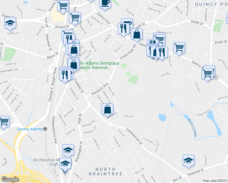 map of restaurants, bars, coffee shops, grocery stores, and more near 21 Alton Road in Quincy