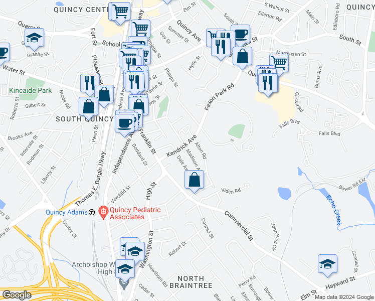 map of restaurants, bars, coffee shops, grocery stores, and more near 188 Kendrick Avenue in Quincy