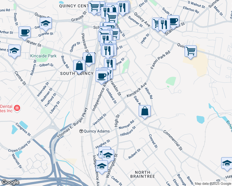 map of restaurants, bars, coffee shops, grocery stores, and more near 211 Franklin Street in Quincy