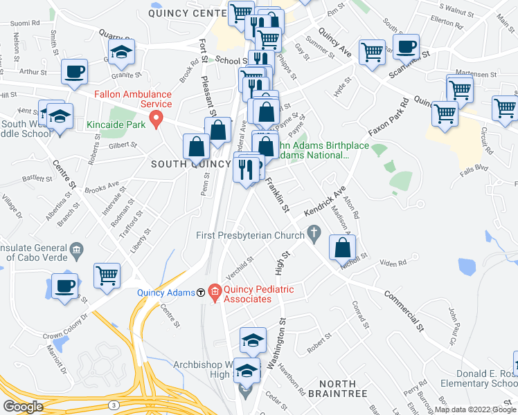 map of restaurants, bars, coffee shops, grocery stores, and more near 46 Independence Avenue in Quincy