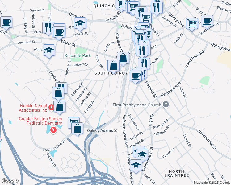 map of restaurants, bars, coffee shops, grocery stores, and more near 90 Penn Street in Quincy