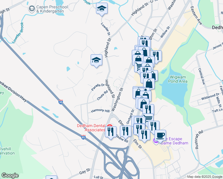 map of restaurants, bars, coffee shops, grocery stores, and more near 339 Highland Street in Dedham