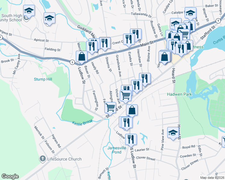 map of restaurants, bars, coffee shops, grocery stores, and more near 21 Victor Avenue in Worcester