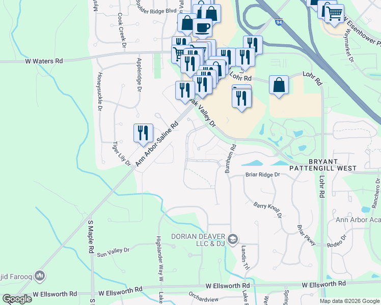 map of restaurants, bars, coffee shops, grocery stores, and more near 3451 Bent Trail Drive in Ann Arbor
