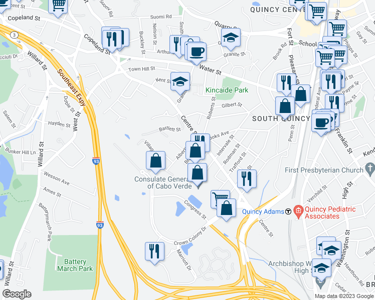 map of restaurants, bars, coffee shops, grocery stores, and more near 30 Albertina Street in Quincy