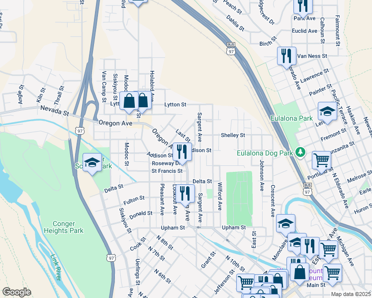 map of restaurants, bars, coffee shops, grocery stores, and more near 925 Addison Street in Klamath Falls