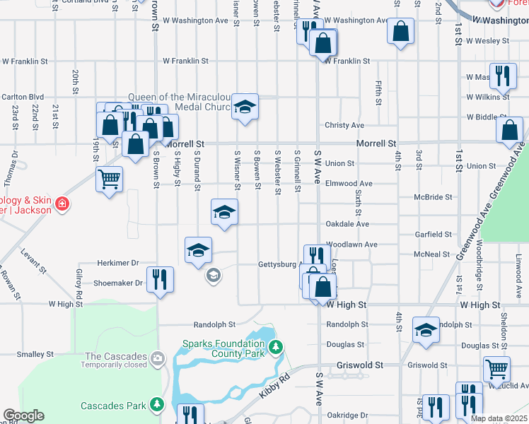 map of restaurants, bars, coffee shops, grocery stores, and more near 1032 South Webster Street in Jackson