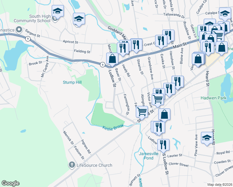 map of restaurants, bars, coffee shops, grocery stores, and more near 20 Ludlow Street in Worcester