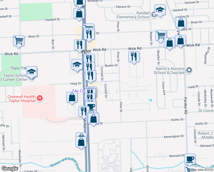map of restaurants, bars, coffee shops, grocery stores, and more near 9603 Cornell Street in Taylor